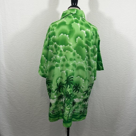 Vintage Mens Hawaiian print Shirt Island Palm Trees Bright Green Black 2XL - Picture 5 of 7